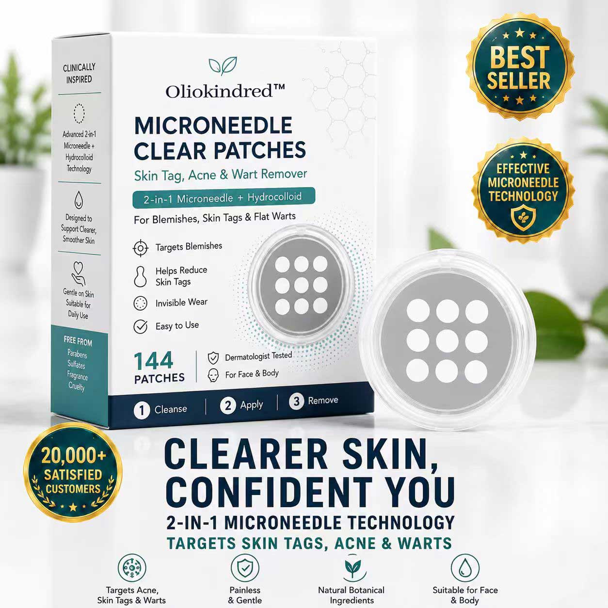 ✨OLIOKINDRED®2-in-1 Microneedle & Hydrocolloid Patch🍀| Removes Raised Moles, Acne, Flat Warts & Skin Tags | Helps Improve Wrinkles, Scars & Blemishes | Invisible Patches for Face & Body