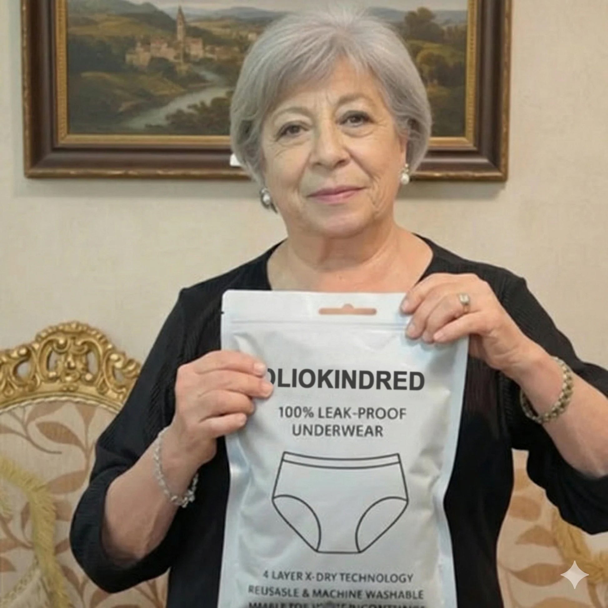 Sarah holding OLIOKINDRED leak-proof underwear packaging