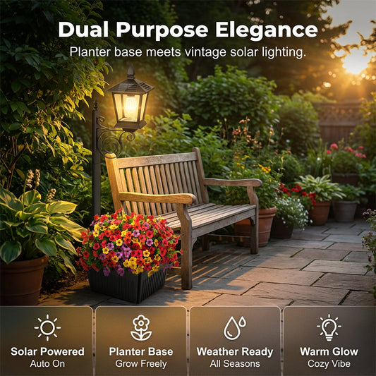 💗LAST DAY SALE 49% OFF⚡ Outdoor Solar Garden Light with Planter Base – Vintage Warm Glow, All-Weather Iron Design & Dual Function 🌸🌙